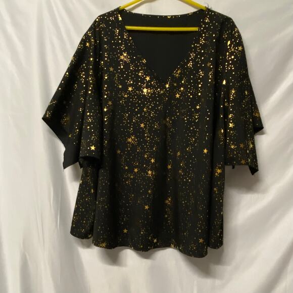 Black Top Size 8 XL Gold Stars Pullover V Neck Pointed Sleeves - Picture 1 of 6